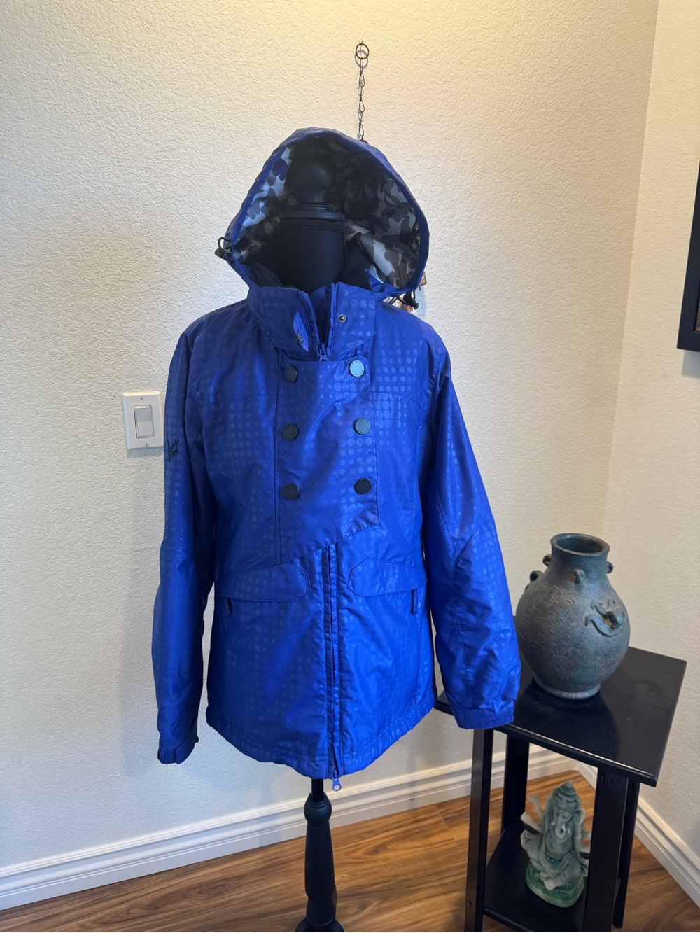 Blue Hooded Women's Ski Jacket with butterfly design hood & jacket lining